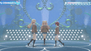 three anime girls are standing on a stage with a sign that says live2020