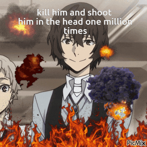 a cartoon of a man with a caption that says kill him and shoot him in the head one million times