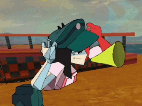 a cartoon character is holding a megaphone while wearing a hat
