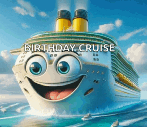 a picture of a cruise ship with a smiling face and the words birthday cruise below it