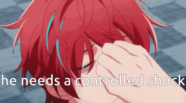 a red haired anime character with the words he needs a controlled shock above him