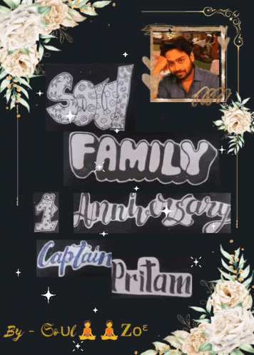 a poster for a family anniversary with a picture of a man and flowers