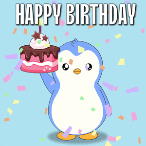 a happy birthday card with a penguin holding a cake with a candle