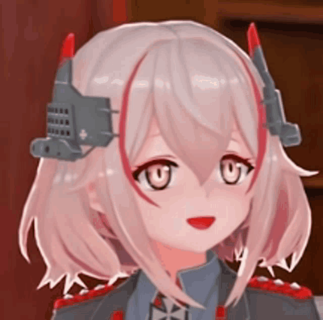a close up of a girl 's face with a gray headpiece on her head