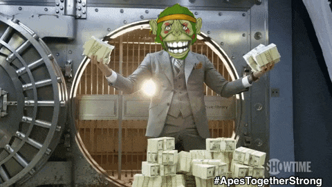 a man in a suit is holding stacks of money in front of a vault door that says showtime