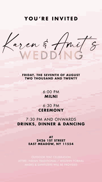 a pink and gold wedding invitation for karen and amits