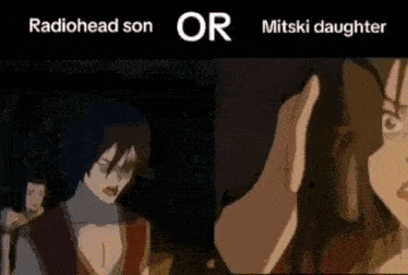 a picture of a boy and a picture of a girl with the words radiohead son or mitski daughter below them