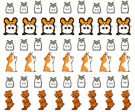 a bunch of hamsters and bears are lined up in a row on a white background