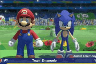 mario and sonic are standing next to each other on a video game screen .