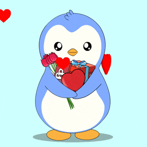 a penguin is holding a heart and flowers in its hands