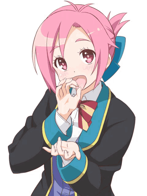 a girl with pink hair is wearing a black jacket with a blue trim