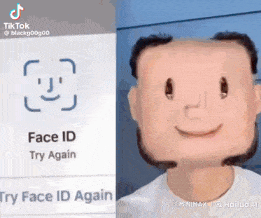 a man with a beard is wearing a face id that looks like a cartoon character .