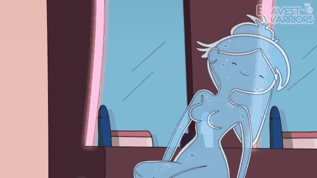 a cartoon of a naked woman sitting in front of a mirror with the words mystic warriors on the bottom right