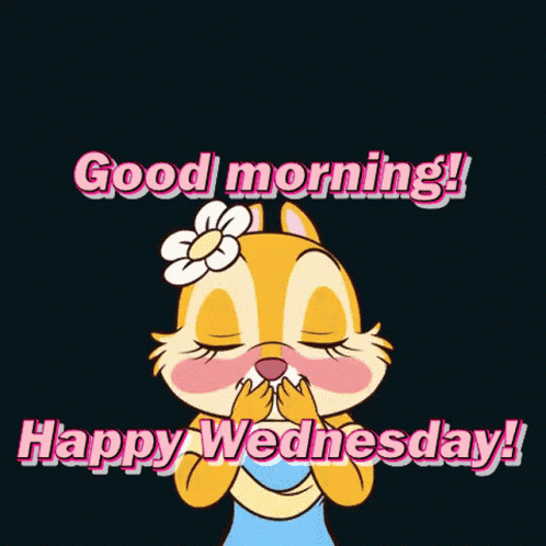 a cartoon chipmunk is surrounded by pink hearts and says good morning and happy wednesday