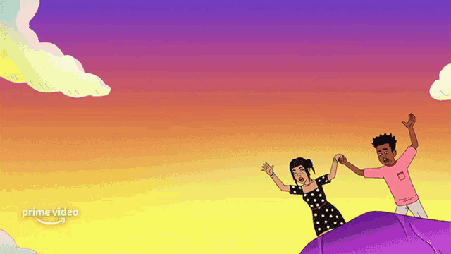 a cartoon of a man and a woman holding hands with a prime video logo in the corner