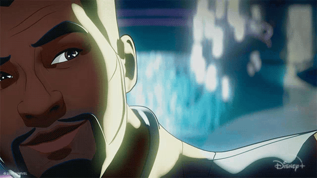 a close up of a man 's face with a disney logo on the bottom