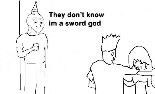 a black and white drawing of a man wearing a party hat and a woman holding a sword .