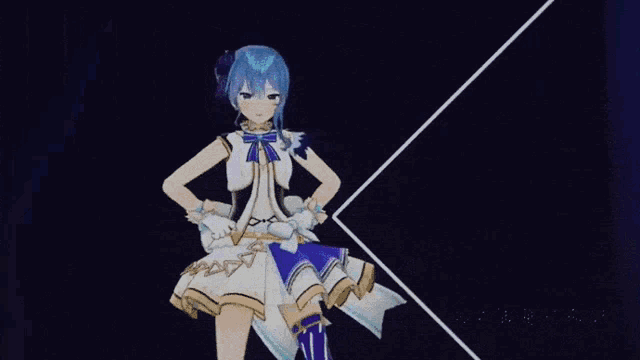 a blue haired anime girl in a white and blue dress is dancing on a stage