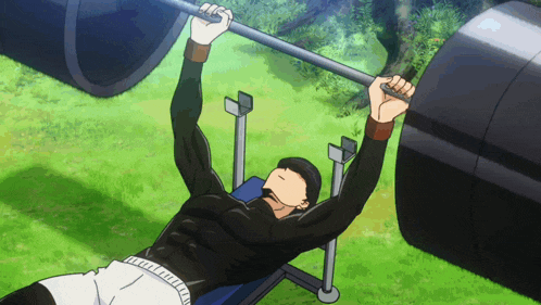 a man is lifting a barbell on a bench in the grass