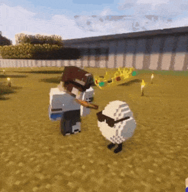 a couple of minecraft characters standing next to each other in a field .