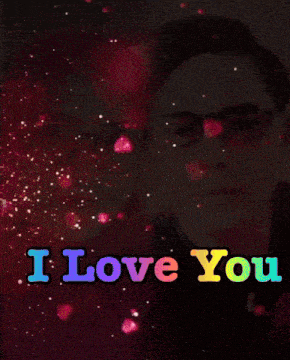 a man and a woman are standing next to each other with the words i love you above them
