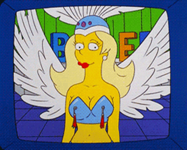 a cartoon of a woman with wings and a hat with the letter b in the background