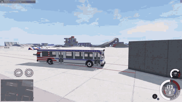 a red white and blue bus in a video game with a speed of 173 mph