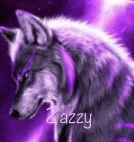 a purple and white wolf with a purple background and the name zazzy written on it .