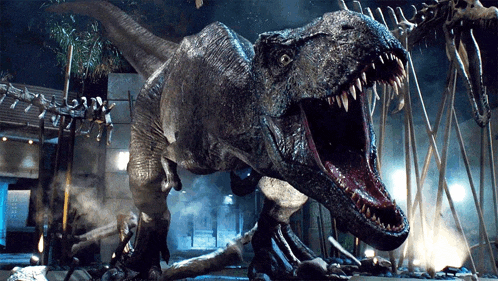 a t-rex with its mouth open is standing in front of some bones