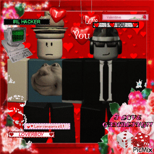 a valentine 's day card with two roblox characters and hearts