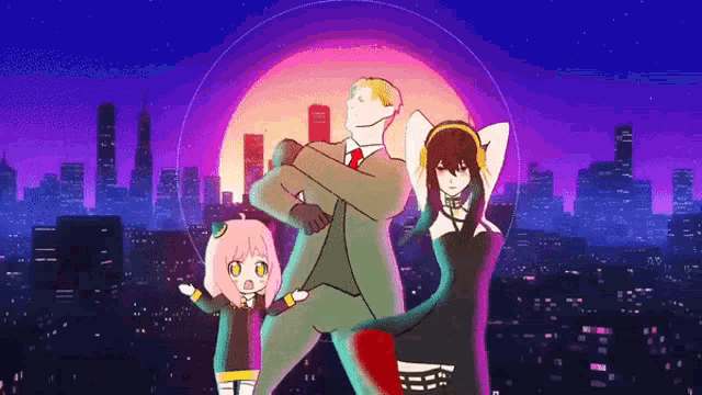 a group of anime characters are standing in front of a city skyline