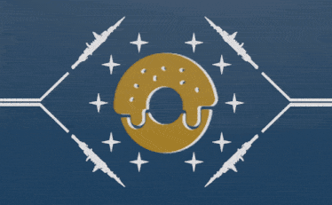 a blue flag with a donut in the middle