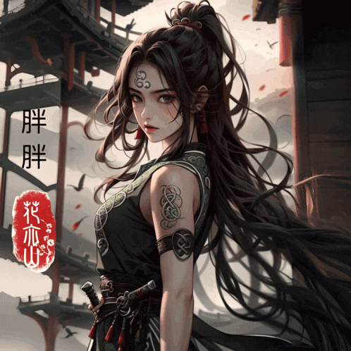 a woman with a tattoo on her arm has chinese writing behind her