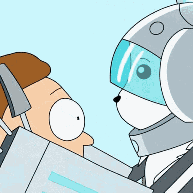 a cartoon of a man and a robot with a helmet on