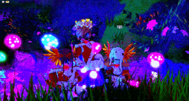 a girl is sitting in the grass with a dog in a video game surrounded by glowing mushrooms .