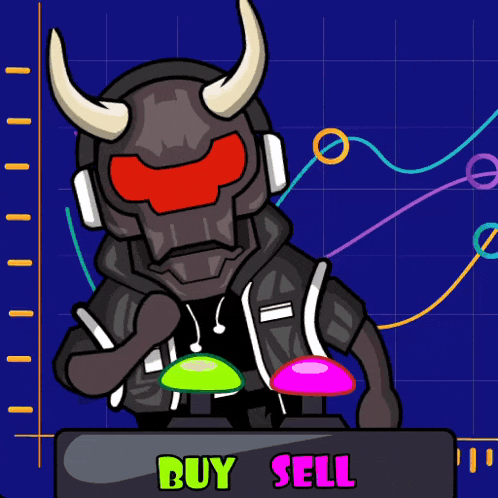 a cartoon of a bull with horns holding a pink button and the words buy sell below him