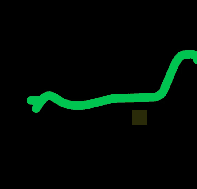 a green line on a black background with a brown square in the corner