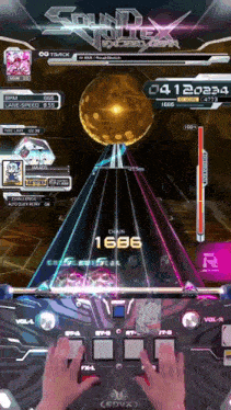 a person playing a video game with a score of 1686 on the screen