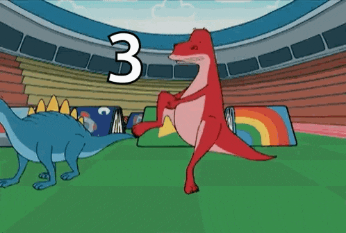 a cartoon of two dinosaurs standing next to each other with the number 3 above them .