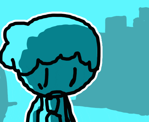 a cartoon drawing of a person with a blue hair