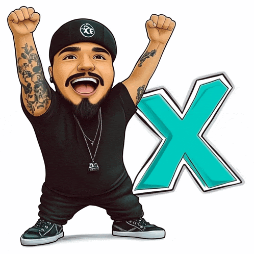 a cartoon of a man with his fist in the air and the letter x behind him