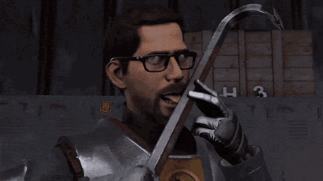 a man with glasses is holding a cane and licking it