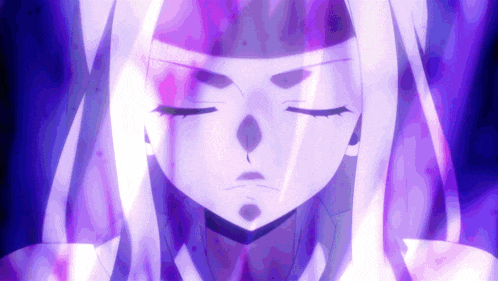 a close up of a purple and white anime character