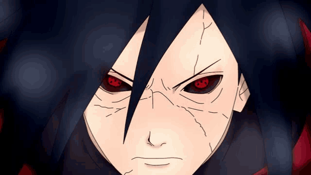 a drawing of a character with red eyes and black hair