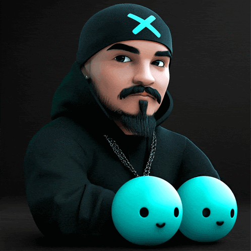 a man wearing a black hat with an x on it holds two blue balls