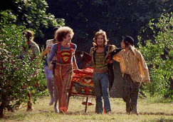 a group of people are walking in a field with one wearing a superman shirt