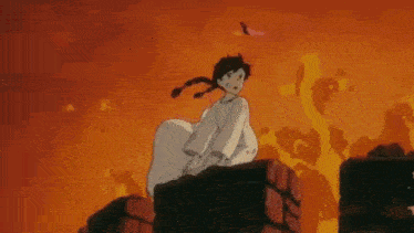 a cartoon of a woman in a white dress standing on a brick wall in front of a fire .