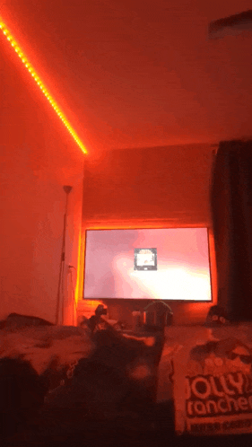 a room with a tv and a bag of jolly ranchers in front of it