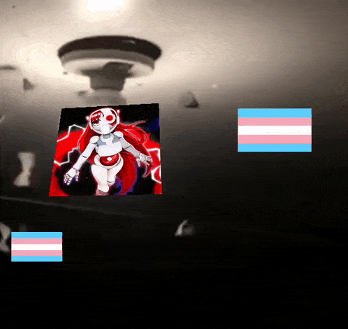 a picture of a robot with red hair and a transgender flag in the background