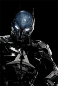 a close up of a person wearing a batman suit with a helmet on a black background .